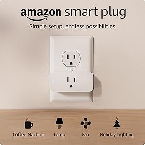 Amazon Smart Plug inserted into a wall outlet, showcasing its compatibility with devices like a coffee machine, lamp, fan, and holiday lighting—tagline reads “Simple setup, endless possibilities.”