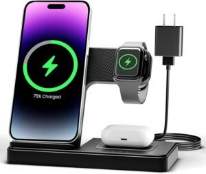 A sleek black 3-in-1 wireless charging station powering an iPhone, Apple Watch, and AirPods simultaneously—display shows 75% charged with glowing green icons.