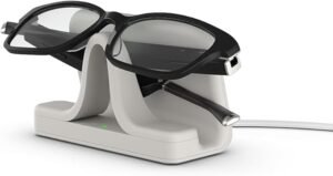 Amazon Alexa smart glasses on charging dock — highlighting smart glasses benefits like voice control, hands-free calls, and easy recharging.