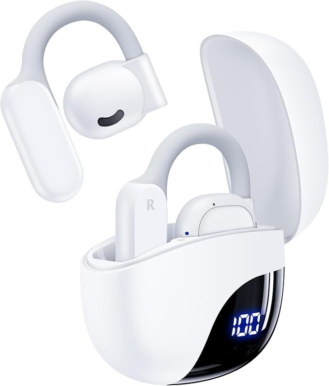 White AI translation earbuds with secure ear hooks and digital charging case, designed for real-time translation, long battery life, and travel convenience