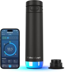 HidrateSpark smart water bottle with glowing base and app — tracks daily hydration goals and syncs with phone for reminders.