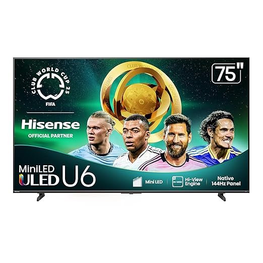 Hisense U6 Mini-LED ULED 75-inch TV – best sports TV on Amazon 2025 with 144Hz refresh rate, ultra-bright display, and smooth motion for football and live games