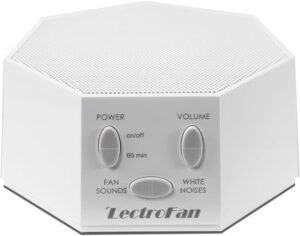 LectroFan white noise machine in white with compact hexagonal design, power and volume controls, fan sounds, white noise, and 60-minute sleep timer – one of the best sound machine options for better rest.