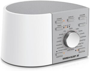 Sound+Sleep SE adaptive sound machine in white and gray with multiple sound profiles including ocean, rainfall, and white noise, adjustable volume, timer settings, and adaptive sound control – a top-rated white noise sleep machine.