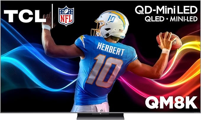TCL QM8 4K QD-Mini LED TV – best sports TV on Amazon 2025 with ultra-bright display, 144Hz refresh rate, and QLED technology for watching football and live games