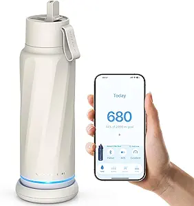 White smart water bottle with hydration tracking app — monitors daily water intake and sends reminders to stay hydrated.