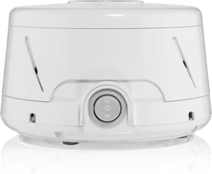 Yogasleep Dohm Classic white noise machine in white, featuring adjustable tone and volume with a simple two-speed switch for natural fan-based sound masking.