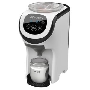 Baby Brezza Formula Pro Advanced in white with digital controls and a glass bottle, showcasing smart feeding solutions for parents with precise, hands-free formula preparation.