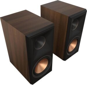 Pair of Klipsch RP-600M II Reference Premiere bookshelf speakers in walnut finish with copper woofers, top-rated Klipsch Speakers 2025 for high-performance home audio.