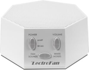 LectroFan Classic white noise machine for babies with 20 non-looping fan and white noise sounds, compact design for nursery or travel use.