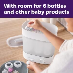 Philips Avent baby bottle sterilizer with room for 6 bottles and accessories, offering time-saving baby tech for busy parents who want quick and effective sterilization.