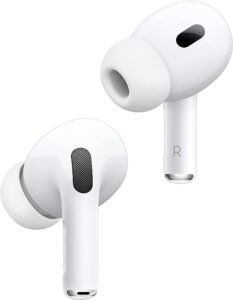 Best wireless earbuds 2025 – Apple AirPods Pro (2nd Gen) in white, close-up of both earbuds showing silicone tips and vents, premium noise-cancelling in-ear design.