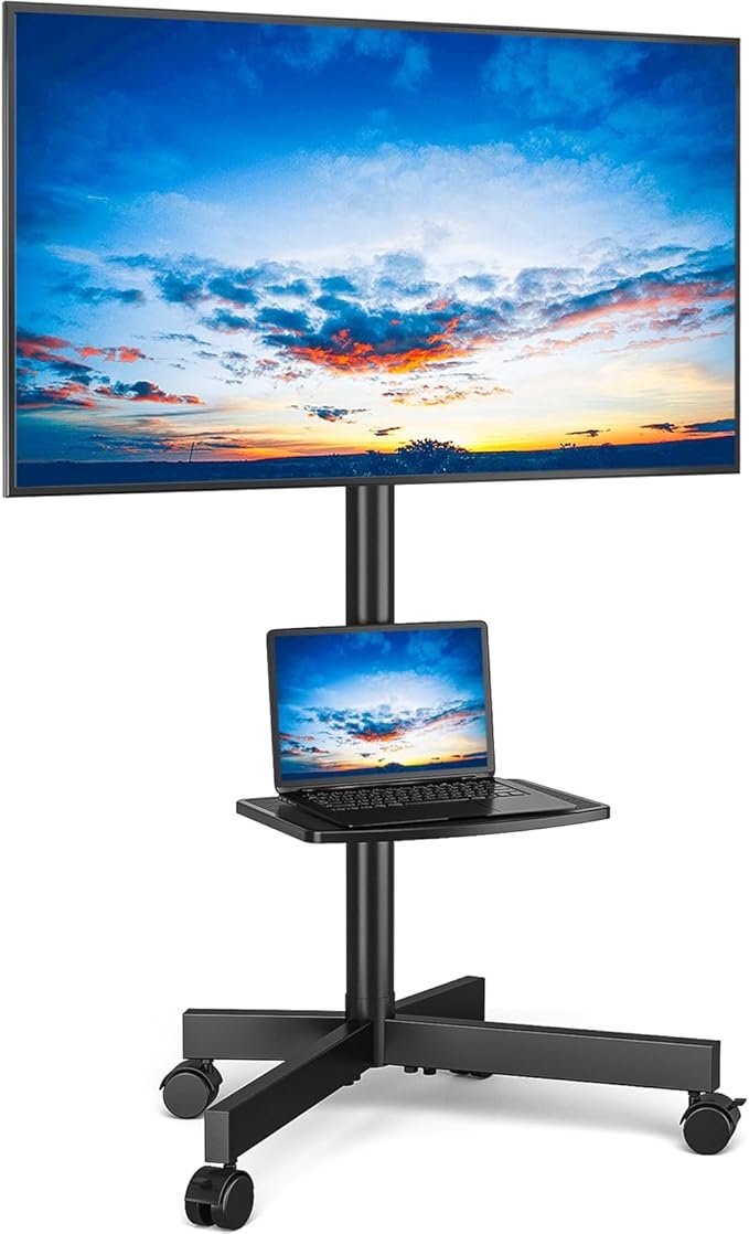 Rolling TV stand with mounted screen and laptop shelf — perfect for sports fans who want to watch multiple games on different TVs at once.